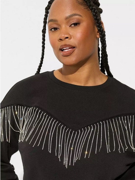 torrid Sweaters - torrid Black Crewneck Sweatshirt with Rhinestone Fringe